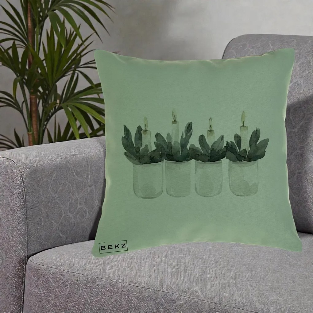 Perna Decorativa Lumanari in Borcane cu Eucalipt, 40x40 cm, Verde, Husa Detasabila, Perna Inclusa, BEKZ®