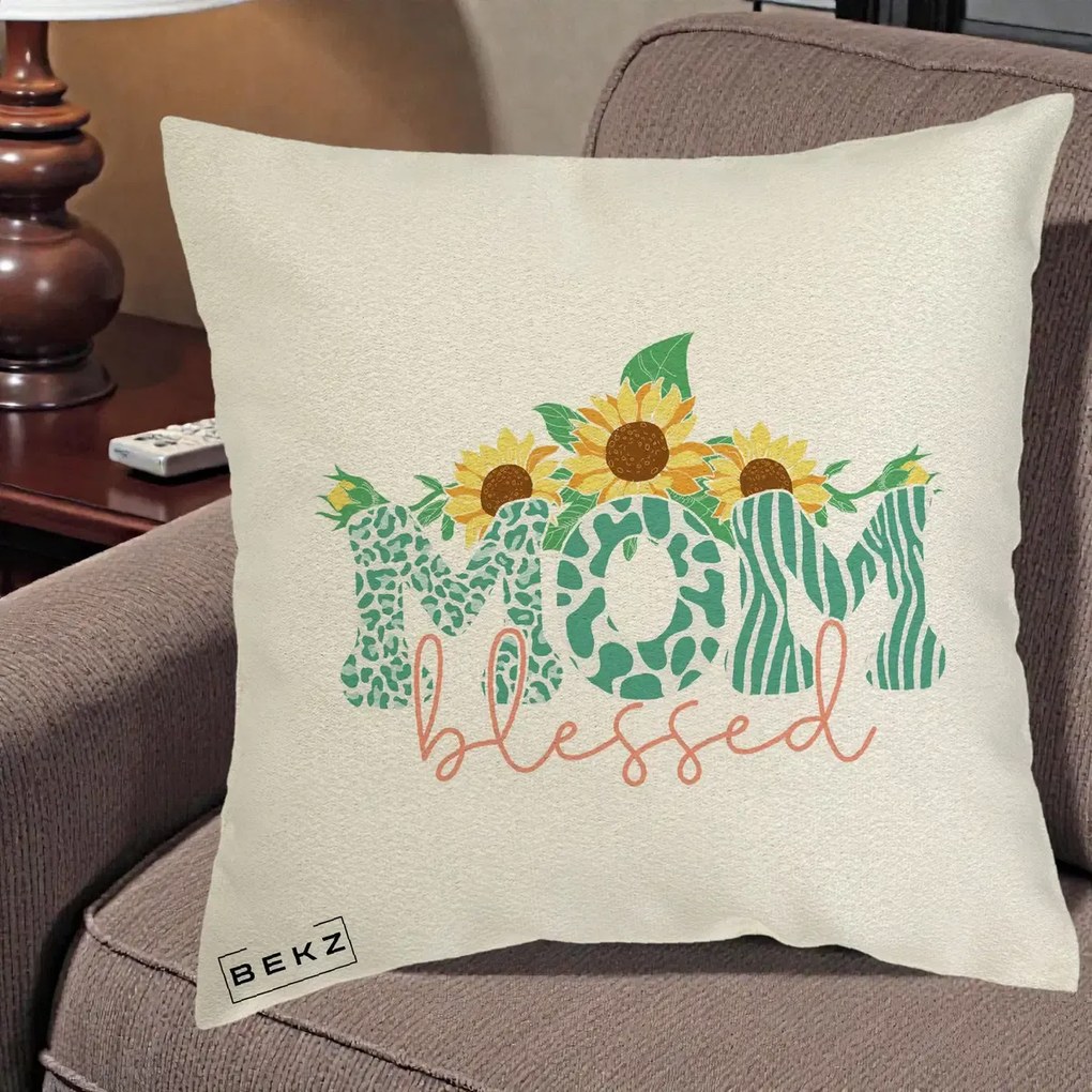Cadou pentru Mama - Perna Personalizata Mom Blessed cu Floarea Soarelui Animal Print Teal, 40x40 cm, Ecru, Husa Detasabila, Perna Inclusa, BEKZ®