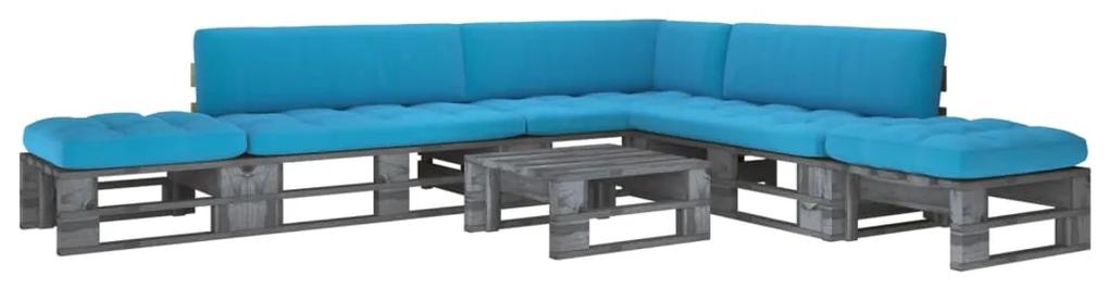 Set mobilier paleti cu perne, 6 buc., gri, lemn pin tratat Albastru, colt + 2x mijloc + 2x suport pentru picioare + masa, Gri, 1