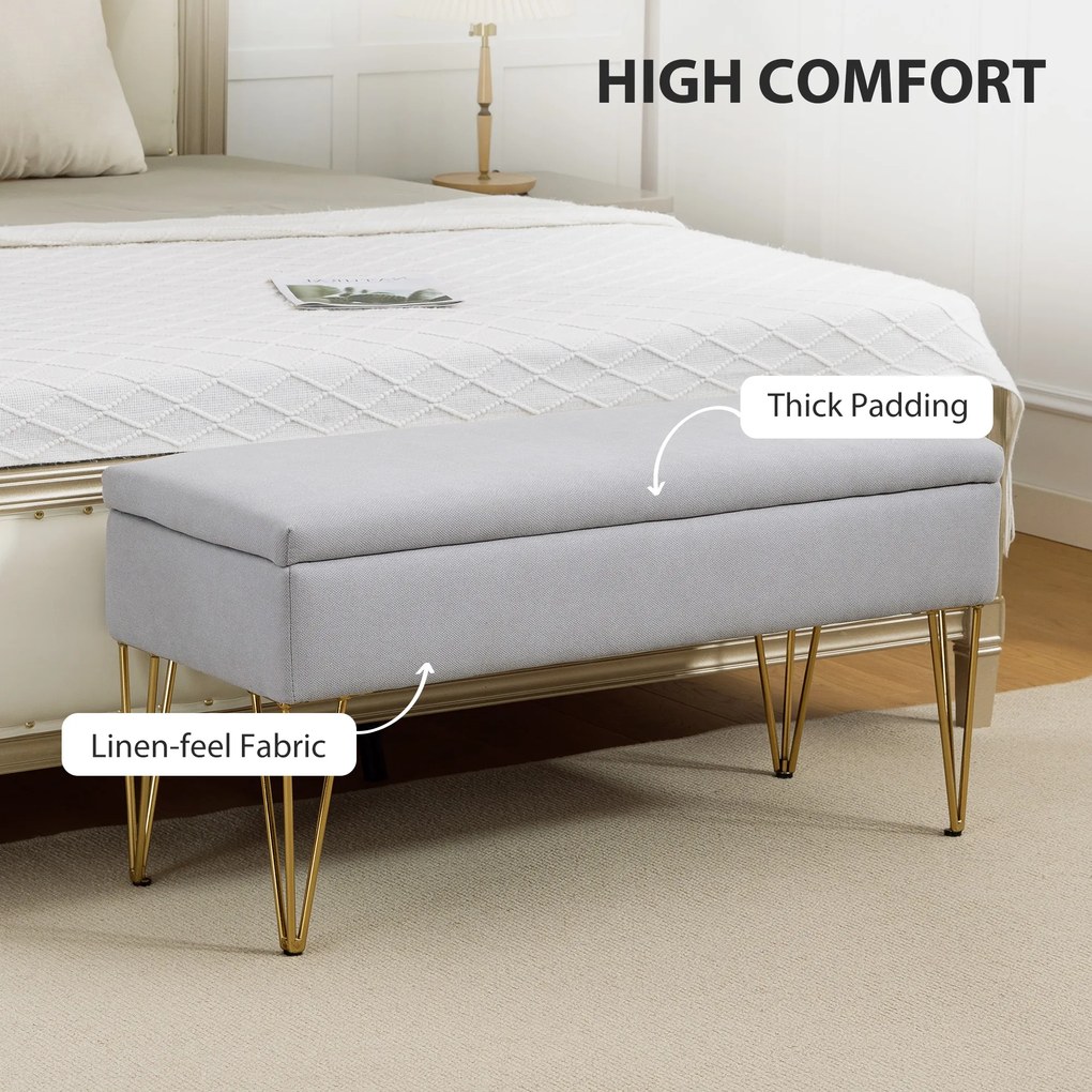 HOMCOM Bancă cu Depozitare din Material Textil și Picioare din Oțel, 100x40x49 cm, Gri Deschis | Aosom Romania