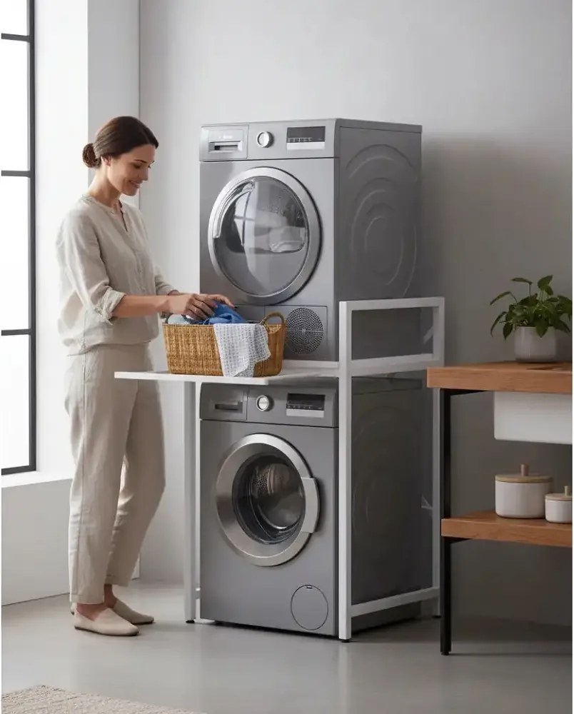 Suport raft pentru mașină de spălat și uscător cu sertar,alb