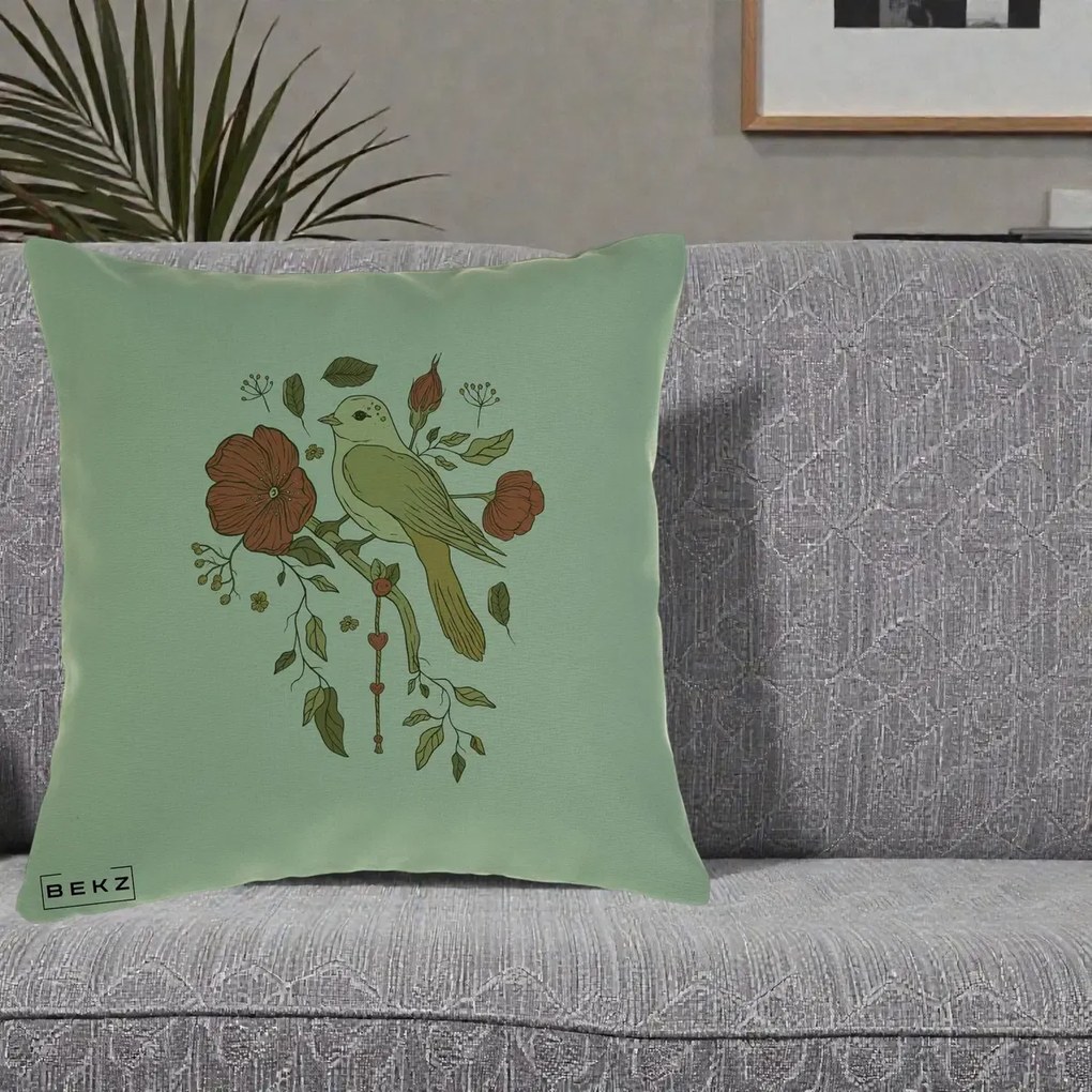 Perna Decorativa Pasare pe Ramura cu Maci, 40x40 cm, Verde, Husa Detasabila, Perna Inclusa, BEKZ®