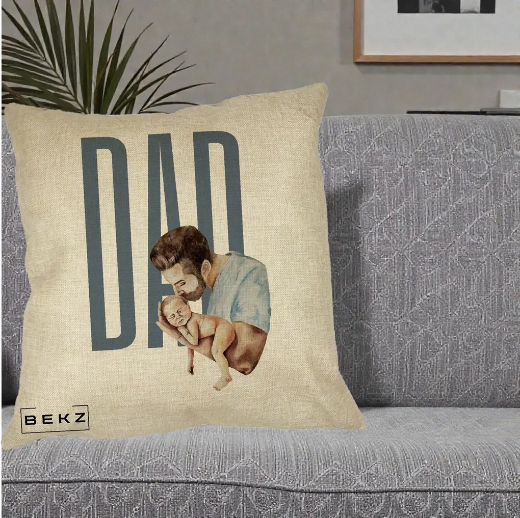 Cadou pentru Tata - Perna Personalizata DAD Tata si Nou-Nascut, 40x40 cm, Crem, Husa Detasabila, Perna Inclusa, BEKZ®