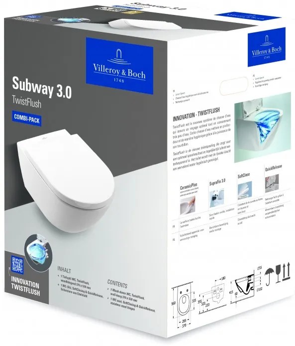 Set vas WC rimless suspendat, Villeroy&amp;Boch Subway 3.0, cu capac inchidere lenta si rezervor Geberit Duofix Sigma UP320