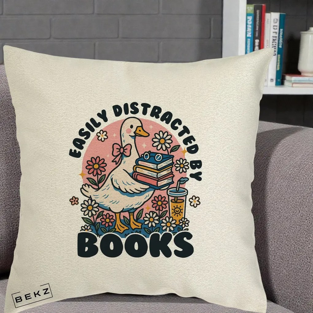 Perna Personalizata Easily Distracted by Books, 40x40 cm, Ecru, Husa Detasabila, Perna Inclusa, BEKZ®