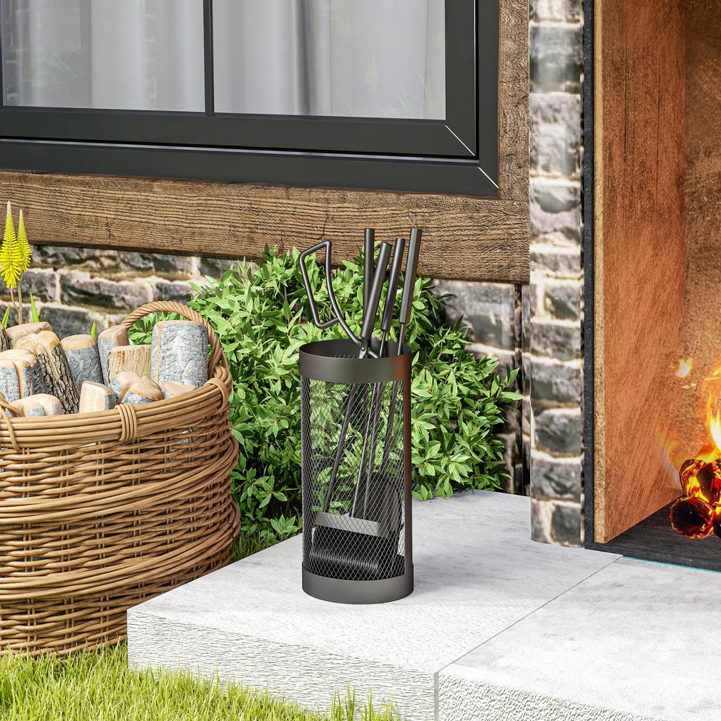 Outsunny Set Accesorii Șemineu 5 Piese Metal cu Coș Mătură Lopată Clești Negru | Aosom Romania