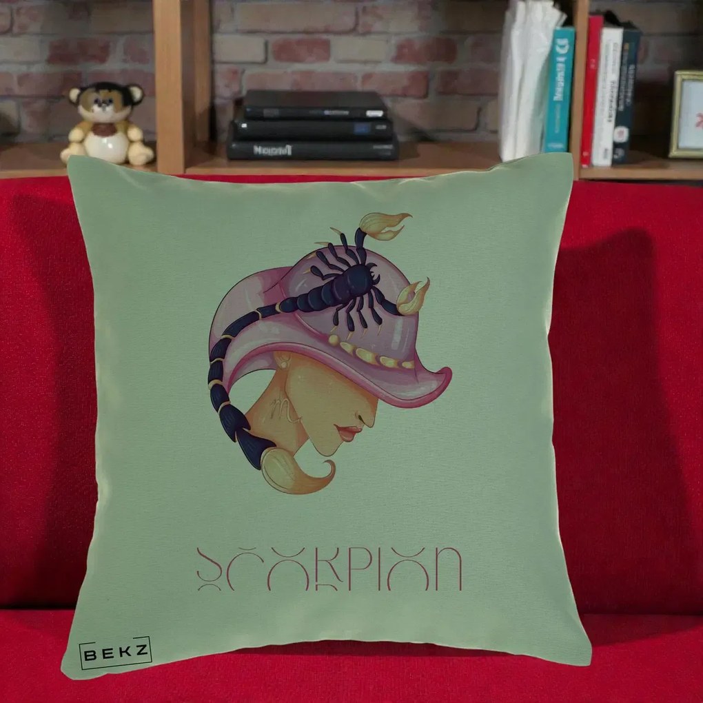 Perna Personalizata Zodiac Scorpion Cowgirl, 40x40 cm, Verde, Husa Detasabila, Perna Inclusa, BEKZ®