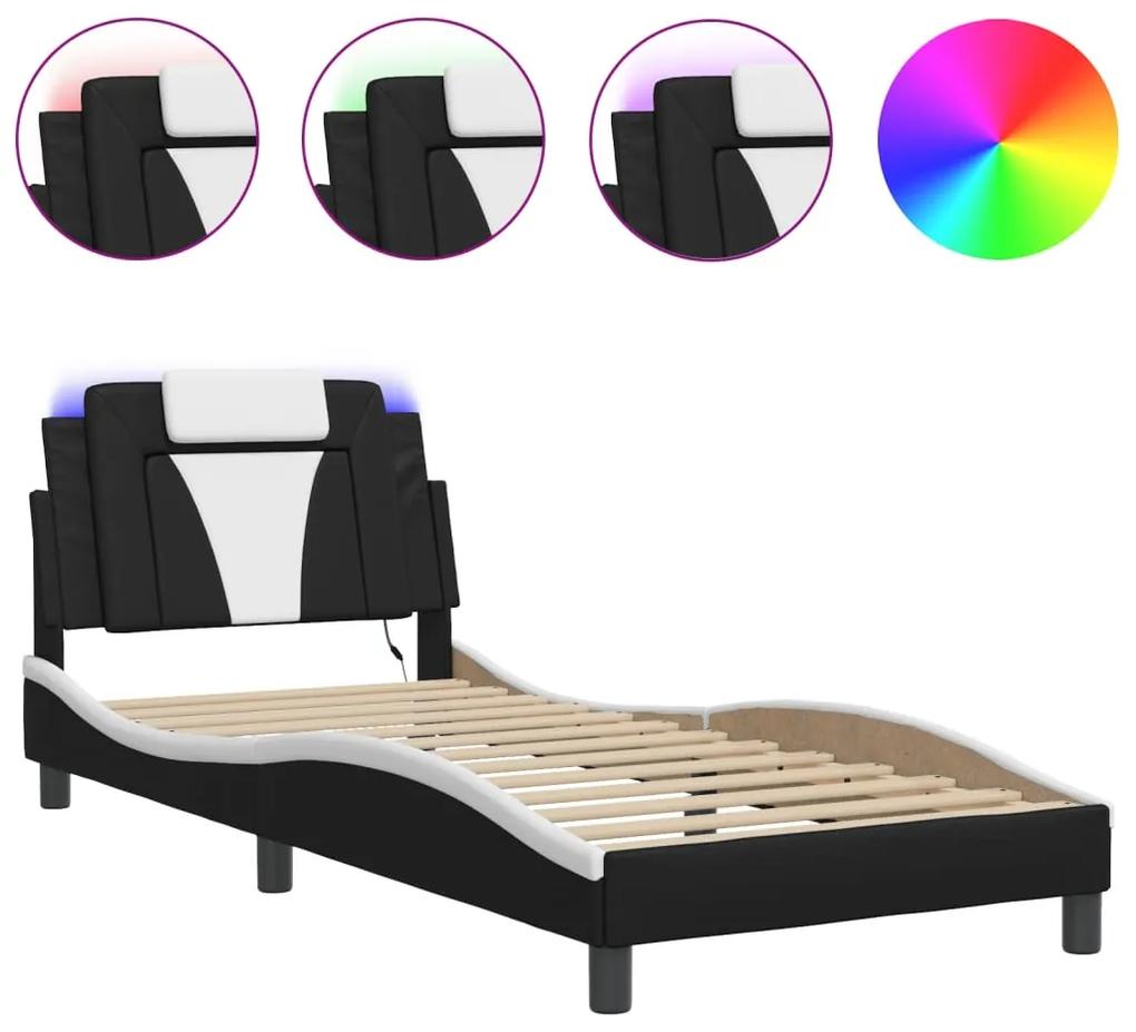 3213999 vidaXL Cadru de pat cu lumini LED negru/alb 90x200 cm piele ecologică