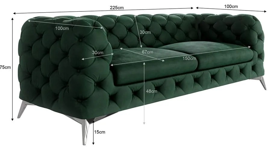 Canapea verde-închis cu tapițerie din catifea 225 cm Chelsea – Ropez