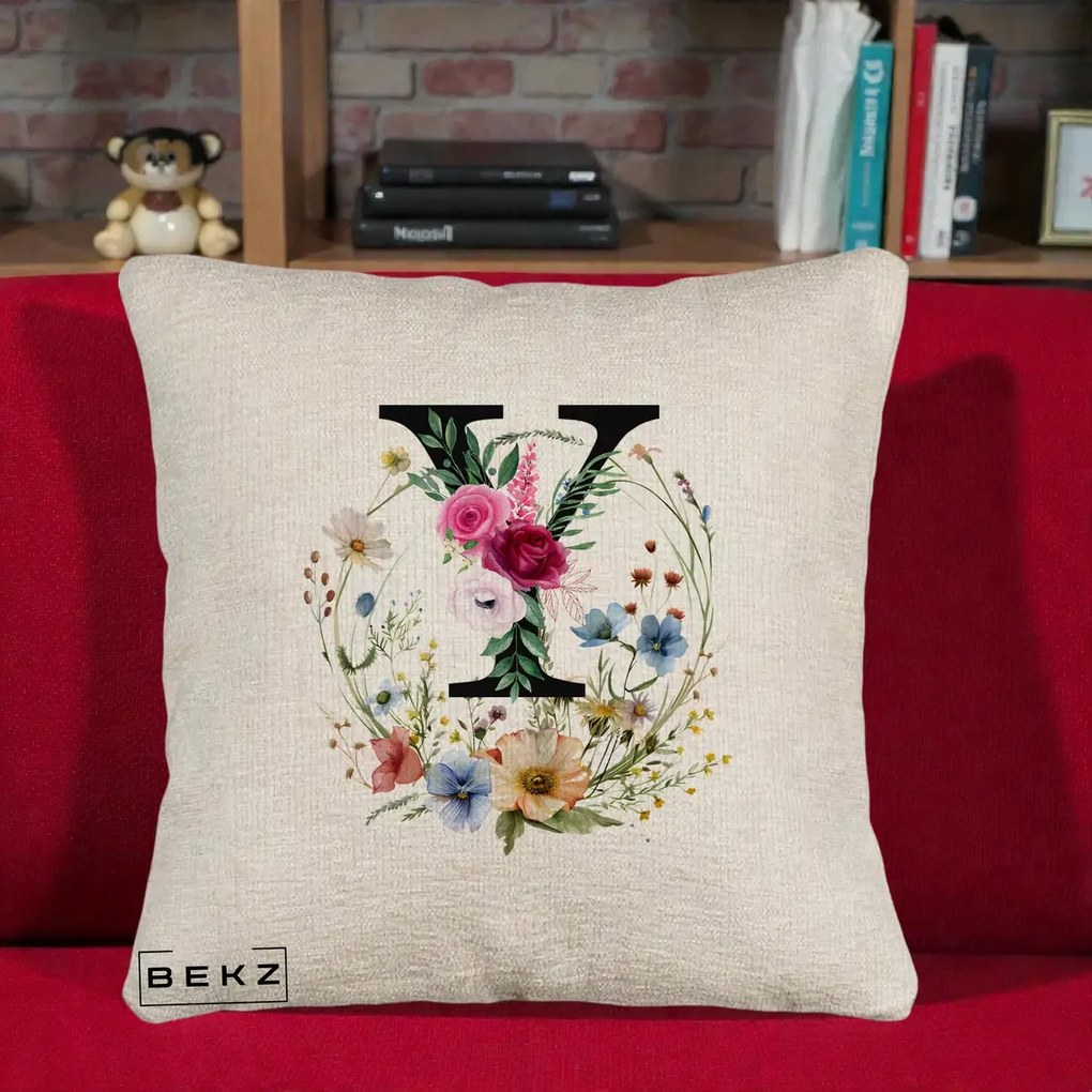 Cadou Personalizat - Perna Personalizata Monograma Florala Litera Y cu Coroana, 40x40 cm, Bej Canapea, Husa Detasabila, Perna Inclusa, BEKZ®