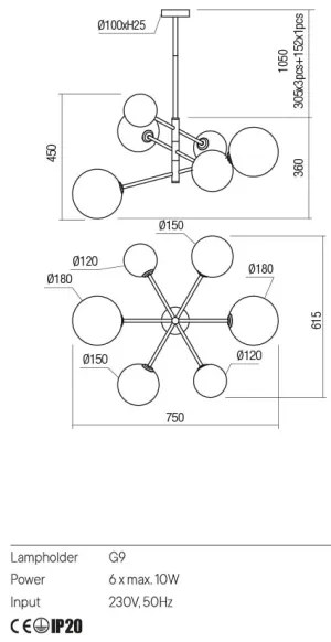 Lustră pe cablu Redo 01-2780 ROY 6xG9/10W/230V