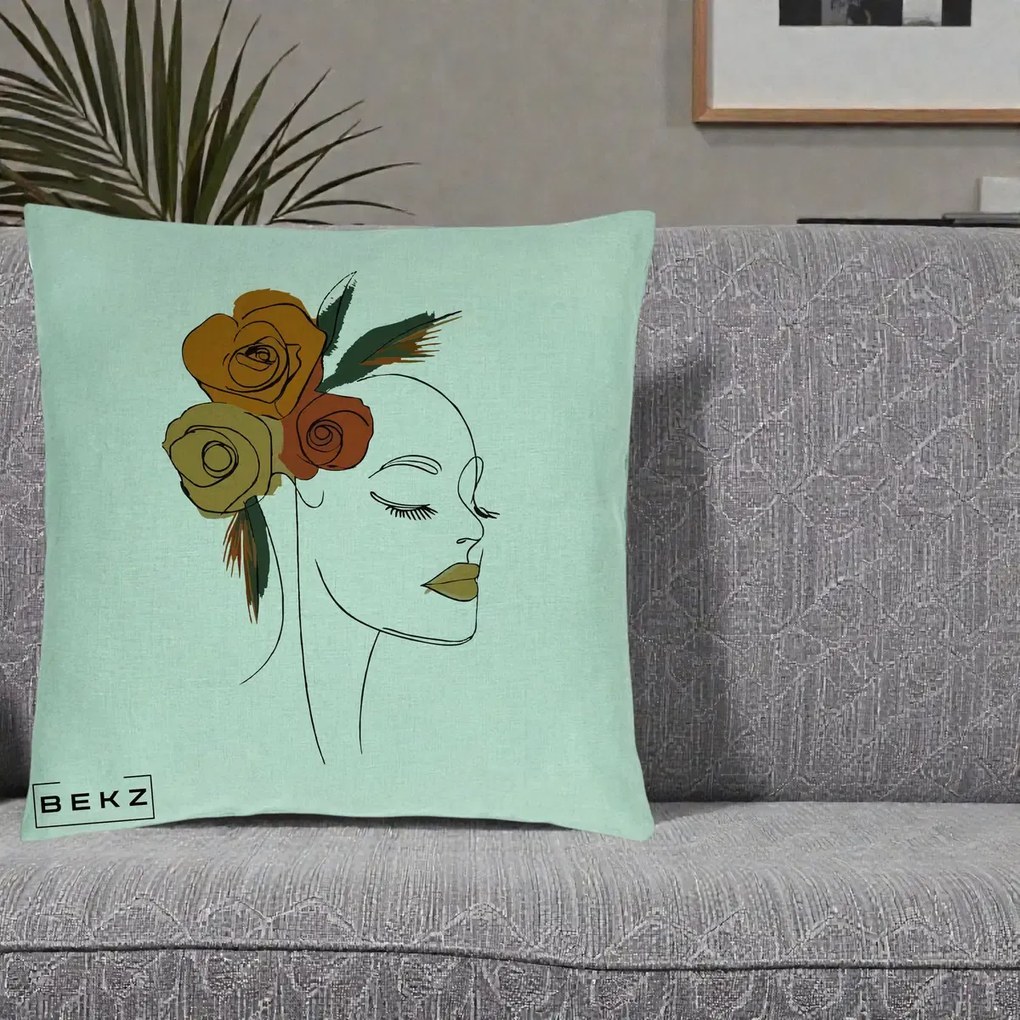 Perna Decorativa Portret Feminin Trandafiri Ruginii, 40x40 cm, Verde Menta, Husa Detasabila, Perna Inclusa, BEKZ®