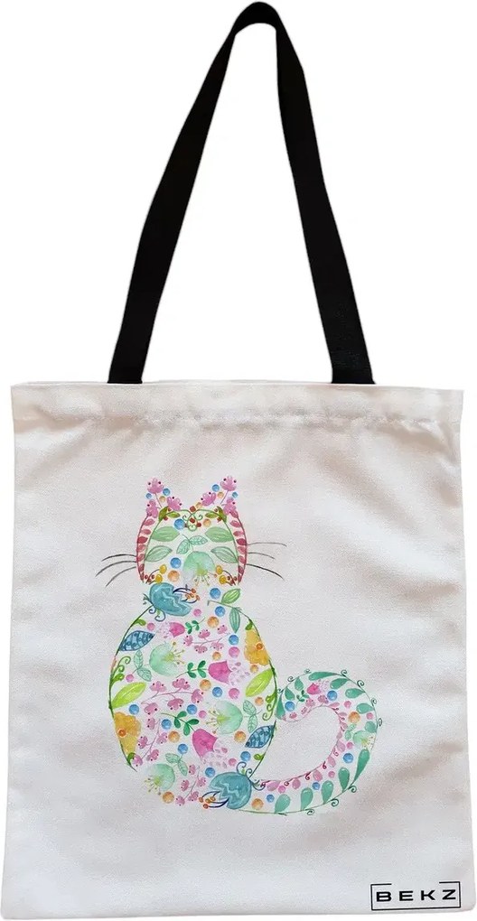 Sacosa de Panza pentru Cumparaturi, Geanta Tote, model Floral Cat, Cu fermoar, 38x34.5 cm, Alba, BEKZ®