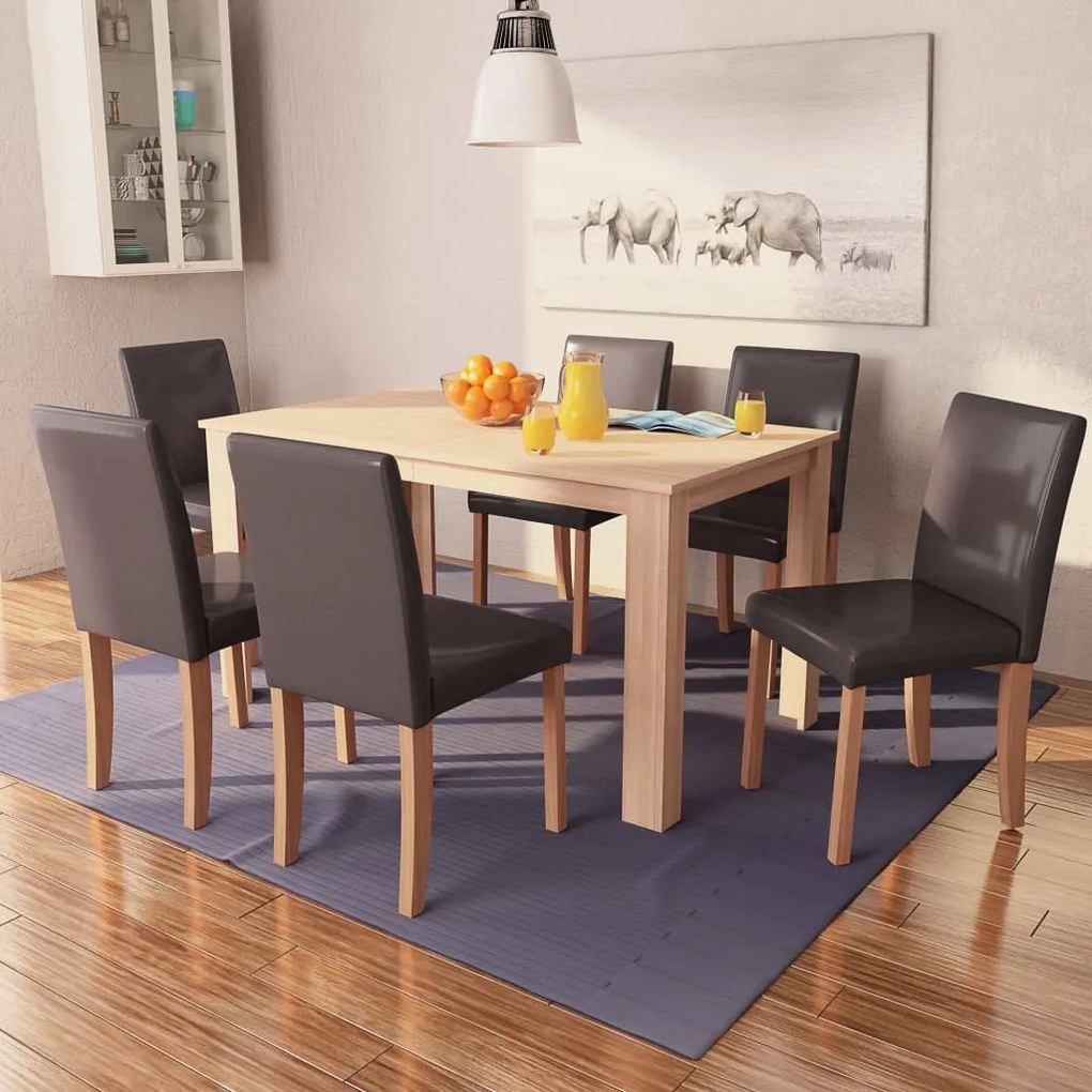 243530 vidaXL Masă și scaune 7 piese, piele artificială, stejar, maro