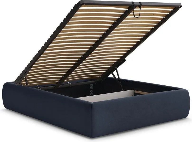 Pat matrimonial albastru închis tapițat cu spațiu de depozitare/fără tăblie cu somieră 160x200 cm Inera – Bobochic Paris