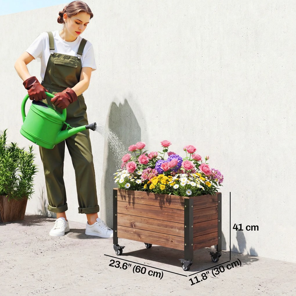 Outsunny Jardinieră înălțată din lemn cu roți, pat de grădină dreptunghiular, 60 x 30 x 41 cm, maro | Aosom Romania