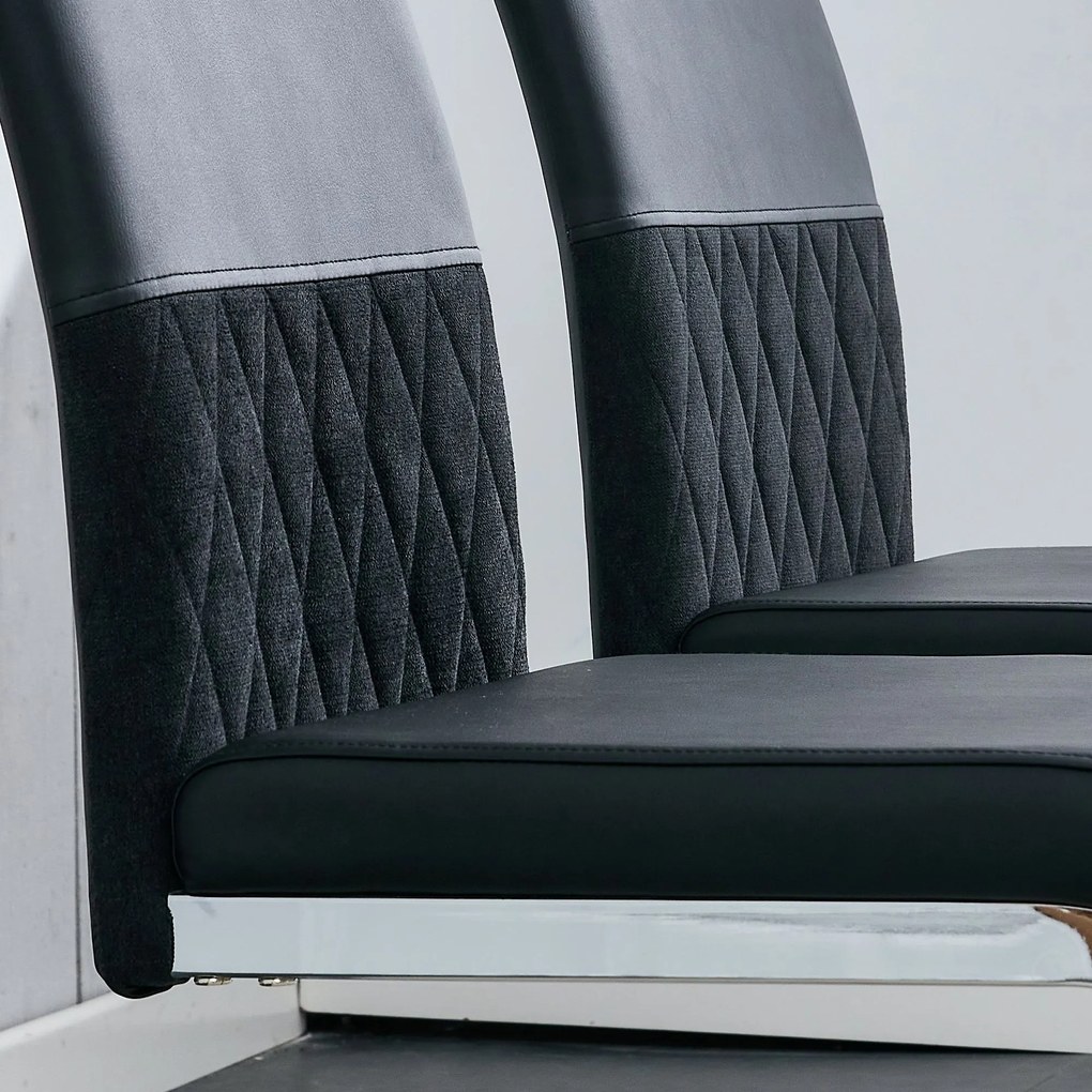 Set de 2 Scaune moderne pentru sufragerie, cu spătar înalt, din PU și material textil, pentru Bucătărie și birou, Negru