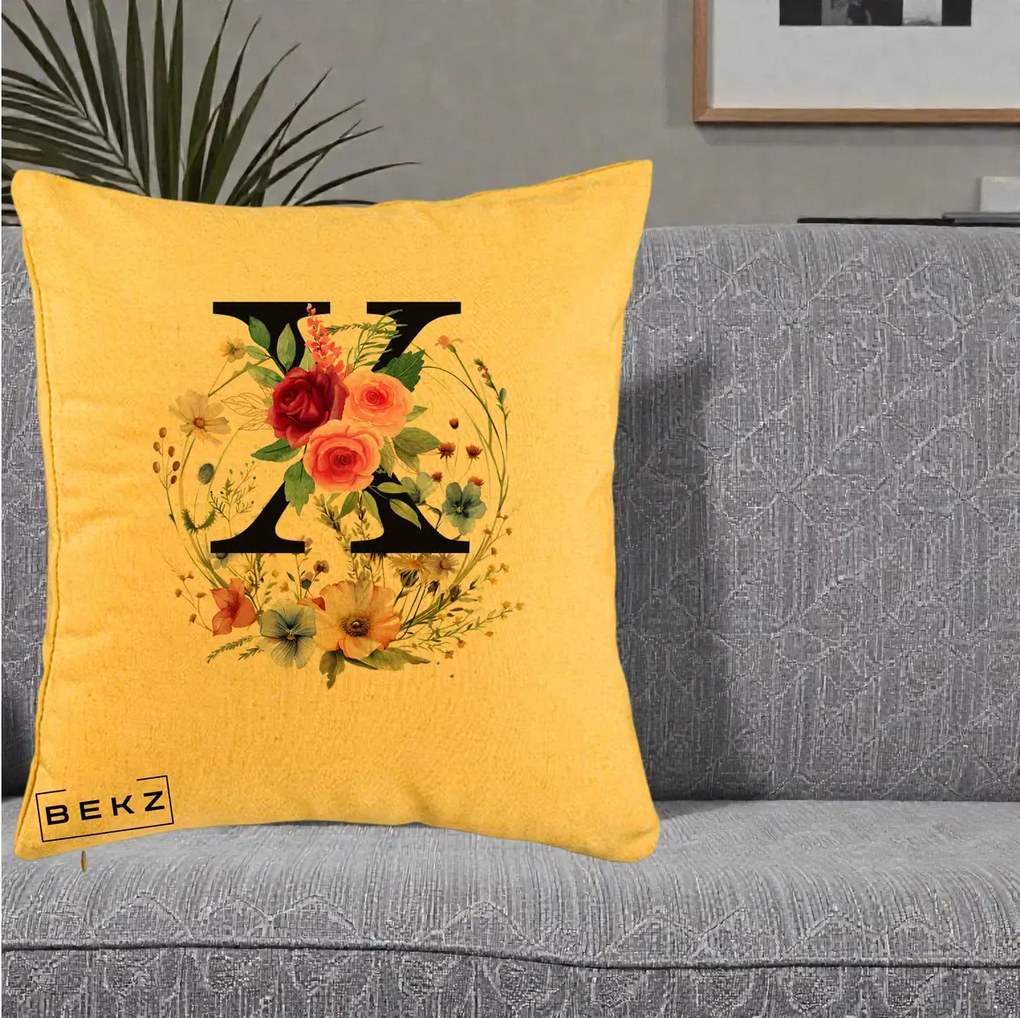Cadou Personalizat - Perna Personalizata Monograma Florala Litera X cu Coroana, 40x40 cm, Galben, Husa Detasabila, Perna Inclusa, BEKZ®