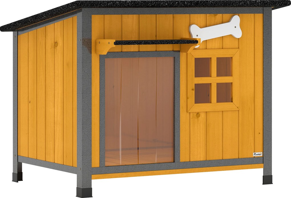 PawHut Cușcă pentru câini de exterior din lemn și oțel rezistent la mușcături, cu acoperiș rabatabil și perdea pentru ușă, galben | Aosom Romania