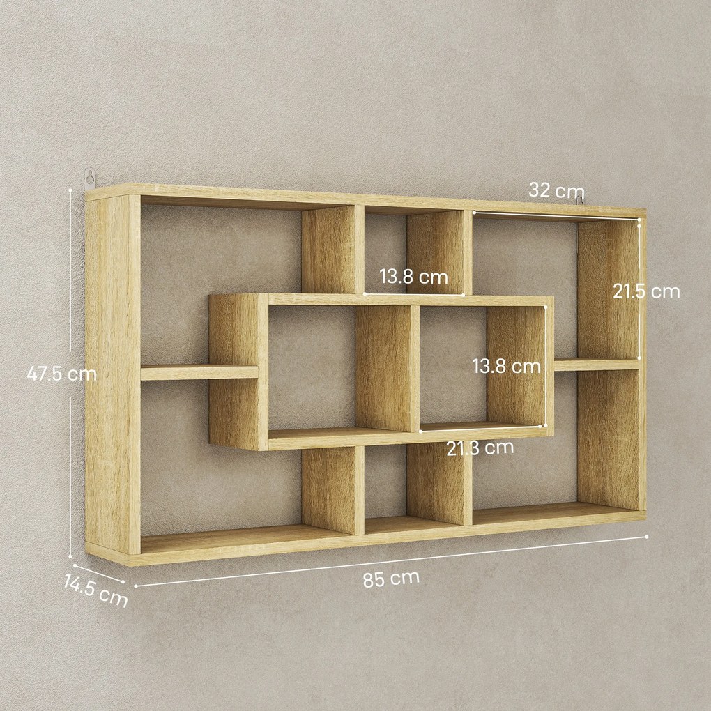 HOMCOM Raft de Perete cu 8 Compartimente, 85 x 14,5 x 47,5 cm, Max. 20 kg, din Lemn, pentru Living, Stejar | Aosom Romania