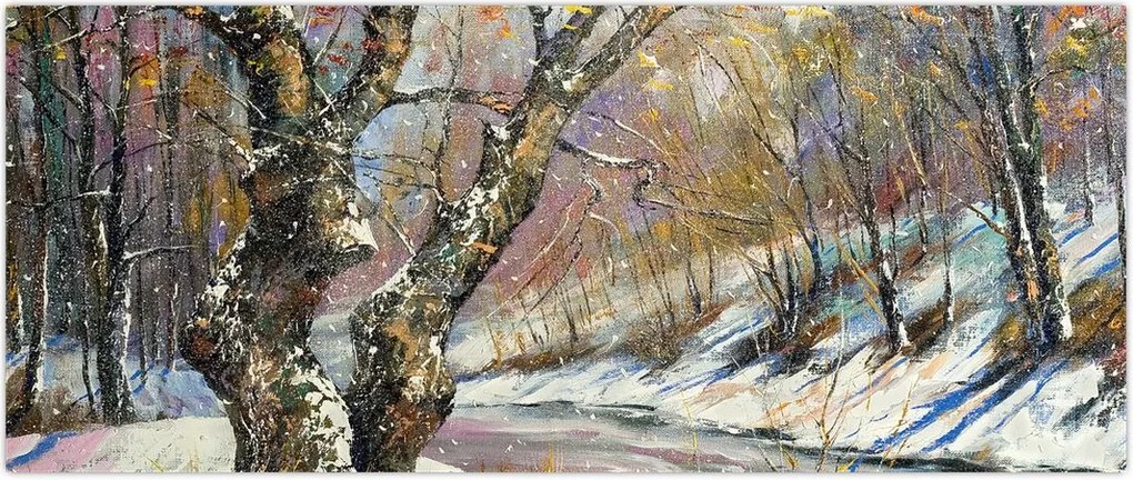 Tablou cu peisaj de iarnă pictat (120x50 cm)