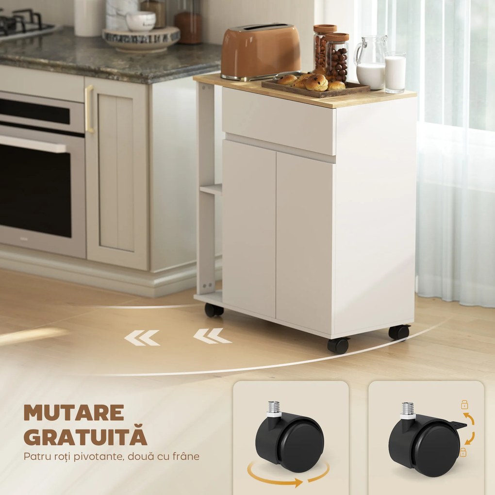 HOMCOM Cărucior Bucătărie, Insulă Bucătărie cu Sertar, Dulap, 2 Rafturi Laterale și Rafturi Reglabile, Cărucior Multifuncțional din Lemn, 78x39,5x88,5 cm, Alb și Stejar | Aosom Romania