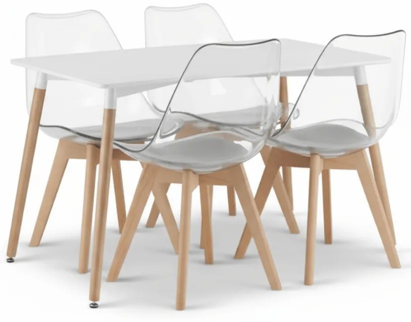 Set de masa 1 + 4, masa alba ADRIA 120x80 cm + scaune transparente BALI MARK cu picioare din lemn de fag
