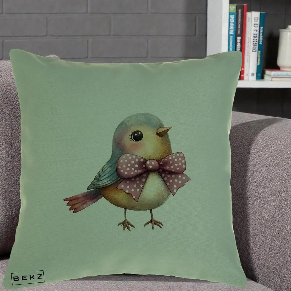 Perna Decorativa Pasare Bleu cu Fundita Roz, 40x40 cm, Verde, Husa Detasabila, Perna Inclusa, BEKZ®