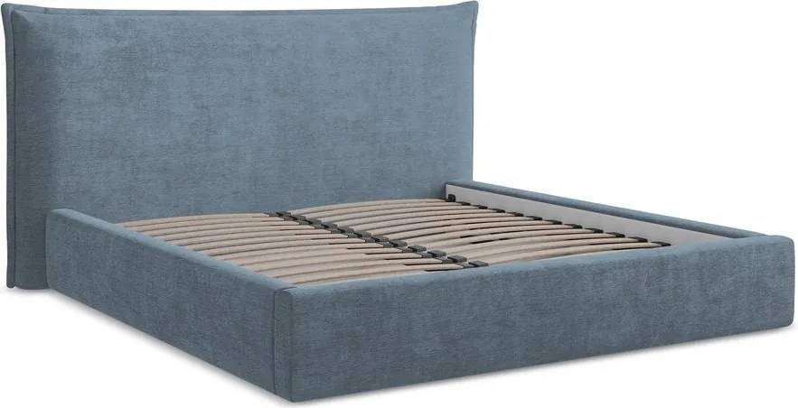 Pat matrimonial albastru tapițat cu spațiu de depozitare cu somieră 160x200 cm Esala – Makamii