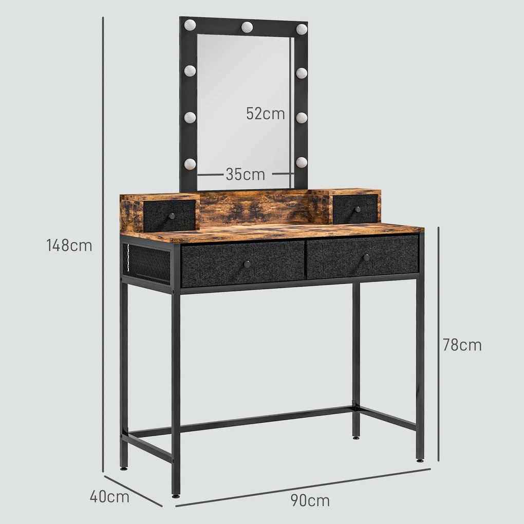 HOMCOM Coafare masă de machiaj oglindă LED reglabilă integrată - picior metalic negru - 4 sertare din material textil - Aspect lemn întunecat | Aosom Romania