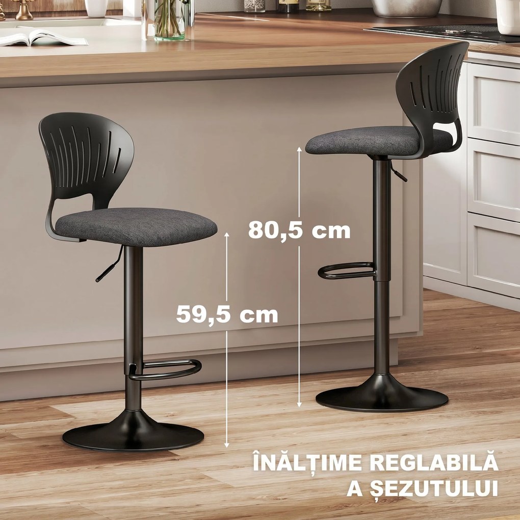 Set HOMCOM de 2 Scaune de Bar Reglabile, Scaune de Bucătărie Înalte din Țesătură Tip In cu Spătar, Suport pentru Picioare și Scaun Moale, Structură din Metal, Scaune de Bar Rotative la 360°, Negru | Aosom Romania
