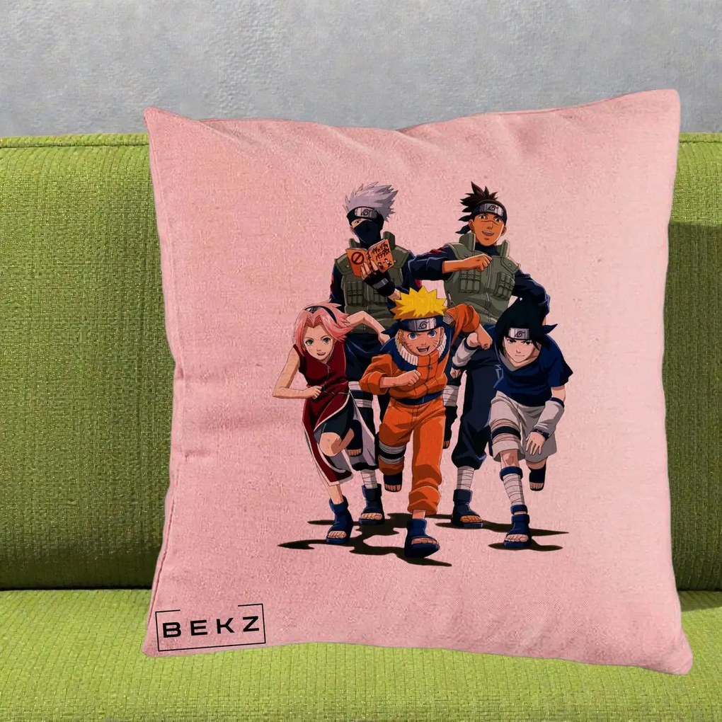 Perna Personalizata Naruto Echipa 7 Kakashi Sensei, 40x40 cm, Roz, Husa Detasabila, Perna Inclusa, BEKZ®