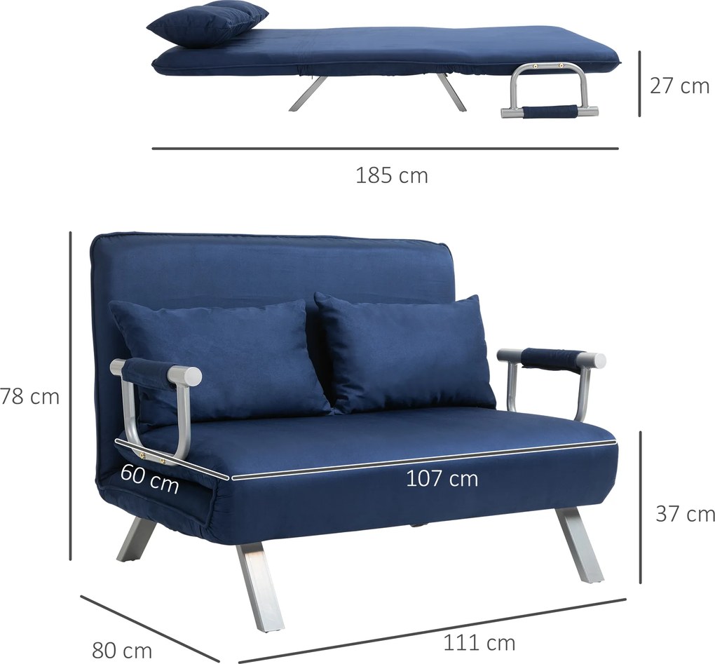 HOMCOM Canapea extensibilă, reglabilă în 5 poziții, imitație de piele întoarsă, cadru metalic, incl. perne, albastru marin | Aosom Romania