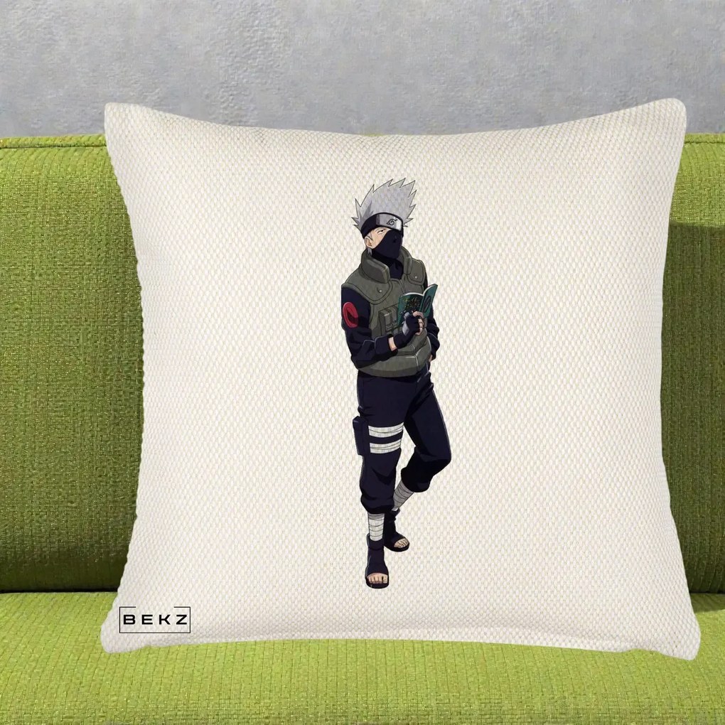Perna Personalizata Naruto Kakashi Hatake Portret Complet, 40x40 cm, Crem Reliefat, Husa Detasabila, Perna Inclusa, BEKZ®