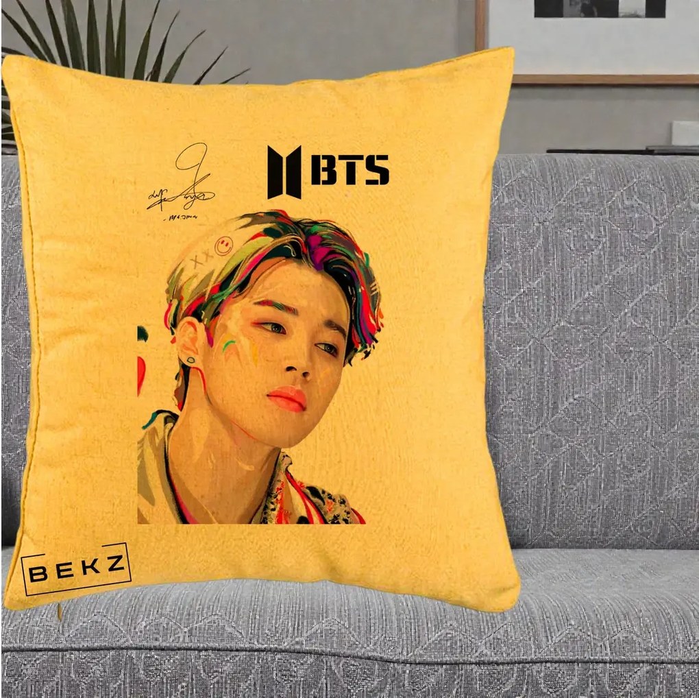 Perna personalizata K-pop BTS Jimin Portret Artistic Multicolor, 40x40 cm cu Umplutura, Galben, BEKZ