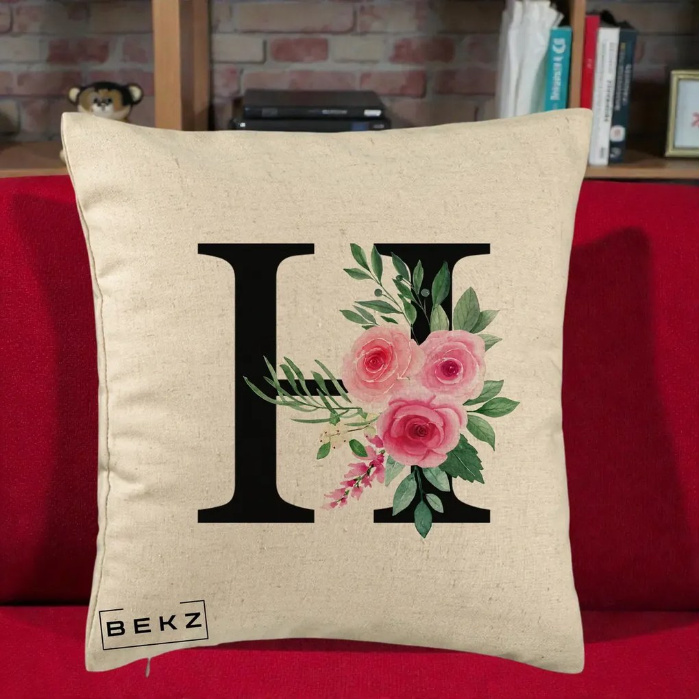 Cadou Personalizat - Perna Personalizata Monograma Florala Litera H cu Trandafiri Roz, 40x40 cm, Bej, Husa Detasabila, Perna Inclusa, BEKZ®