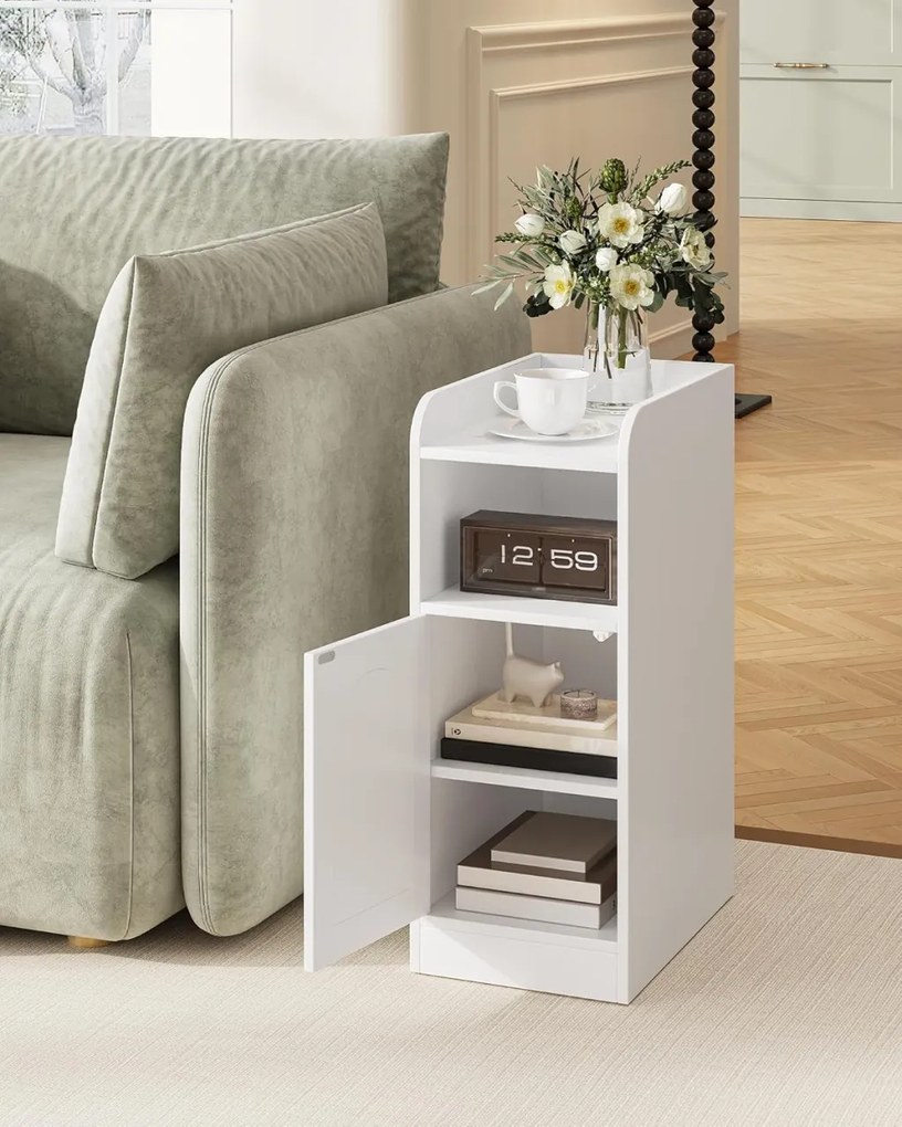 NOA78 - Set 2 Noptiere, 24 cm, foarte inguste, cu Raft si Dulapior - Alb