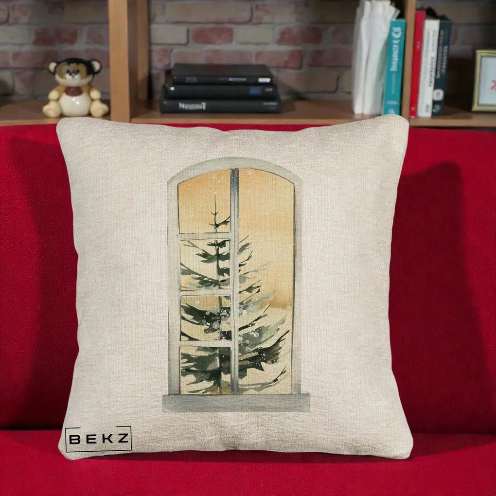 Perna Decorativa Fereastra cu Brad de Iarna, 40x40 cm, Bej Canapea, Husa Detasabila, Perna Inclusa, BEKZ®