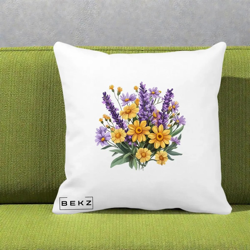 Perna Decorativa Lavanda cu Margarete Galbene si Lila, 40x40 cm, Alba Mata, Husa Detasabila, Perna Inclusa, BEKZ®
