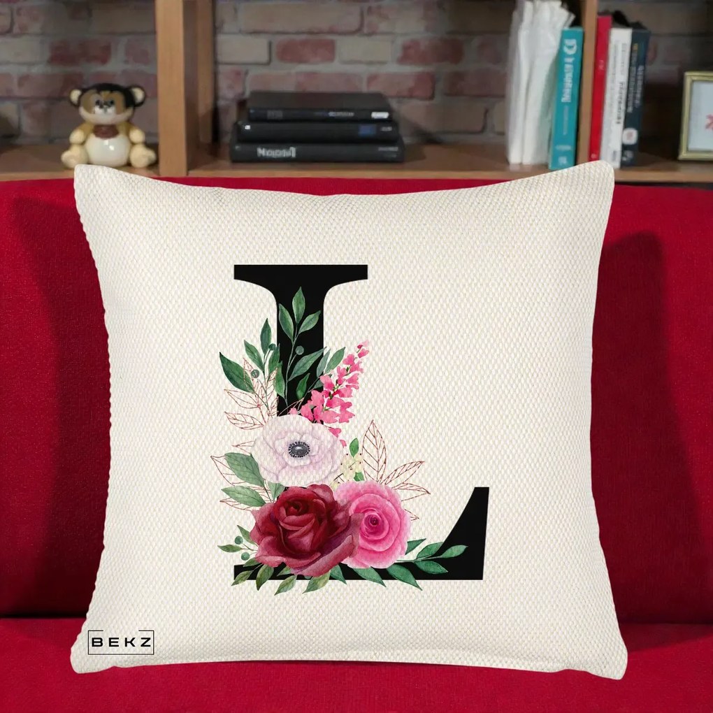 Cadou Personalizat - Perna Personalizata Monograma Florala Litera L, 40x40 cm, Crem Reliefat, Husa Detasabila, Perna Inclusa, BEKZ®