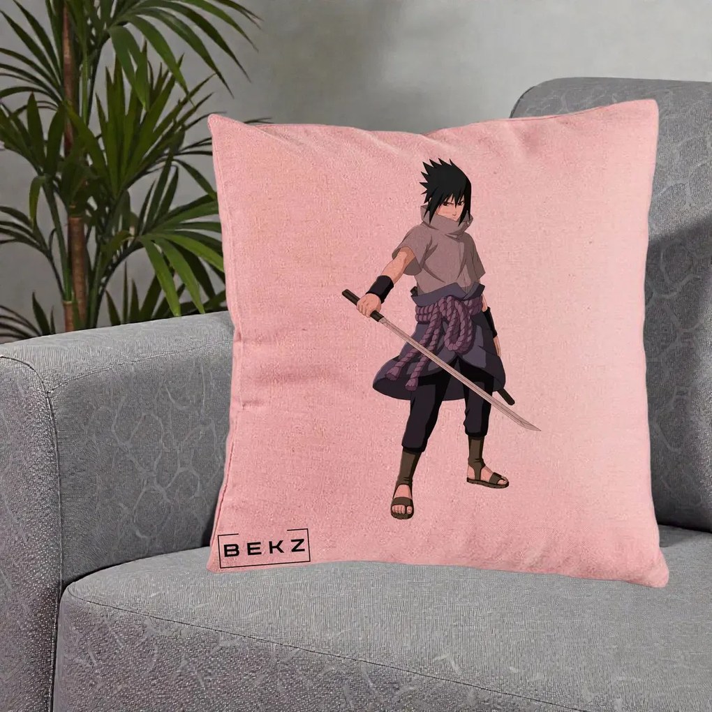Perna Personalizata Naruto Sasuke Uchiha cu Sabia, 40x40 cm, Roz, Husa Detasabila, Perna Inclusa, BEKZ®