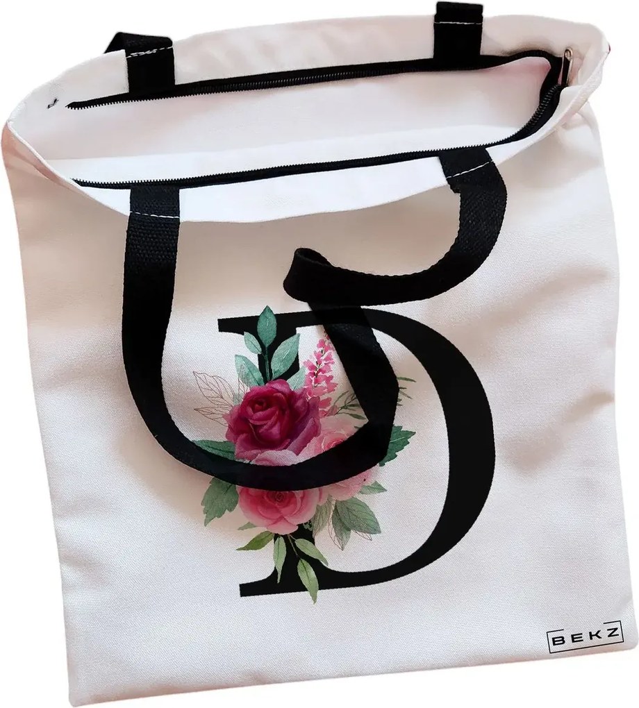 Sacosa de Panza pentru Cumparaturi, Geanta Tote, Cu litera D si Trandafiri, Cu fermoar, 38x34.5 cm, Alba, BEKZ®