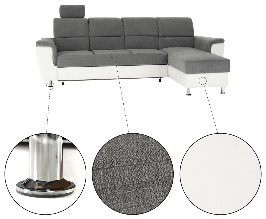Colţar mic, piele ecologică alb/material textil gri, model dreapta, SANTIAGO COLŢAR MIC