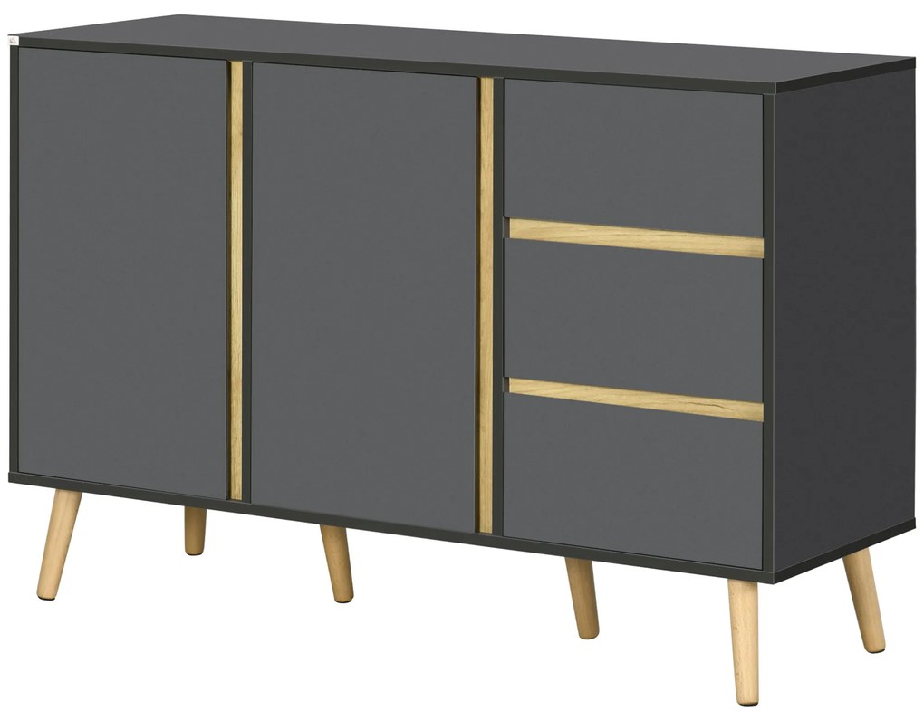 HOMCOM Bufet jos mobilier de depozitare pe picioare stil scandinav 2 usi 3 sertare 120 x 40 x 80 cm gri antracit | Aosom Romania