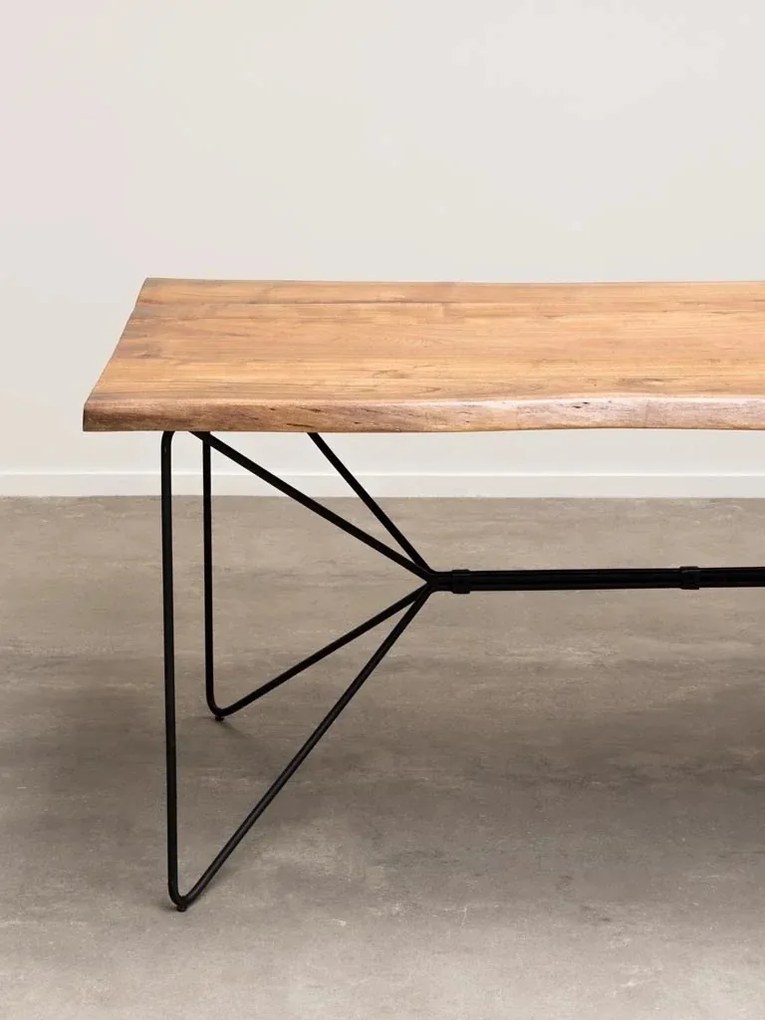 Masă dining cu bancă din lemn masiv de acacia, maro, 8 locuri, cu margini naturale și bază din metal negru, 77,5 x 180 x 96,5 cm, „Frequency”