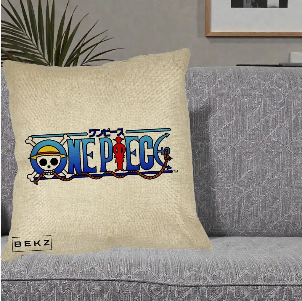 Perna Personalizata One Piece Clasic Albastru, 40x40 cm, Crem, Husa Detasabila, Perna Inclusa, BEKZ®