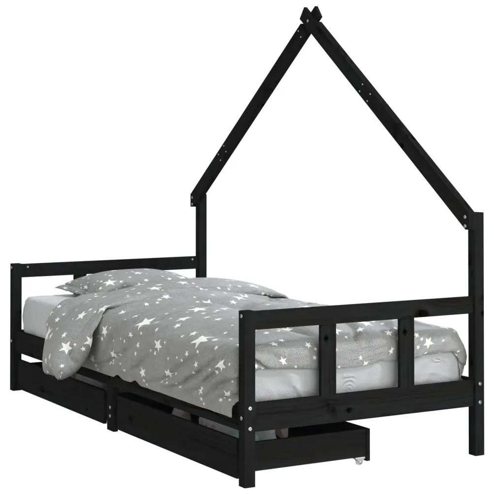 834548 vidaXL Cadru de pat copii cu sertare, negru, 90x190 cm, lemn masiv pin