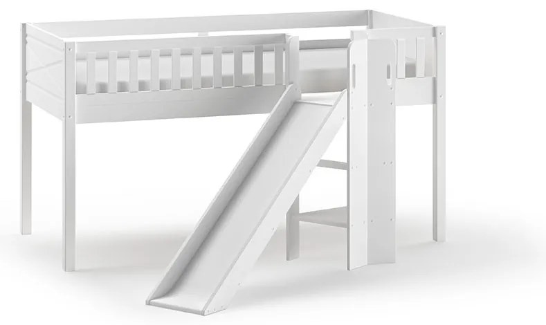 Set SCOTT este format din Pat copiiul loft cu tobogan, cortina de joacă ASTRO, tunel și 3 buzunare de depozitare.