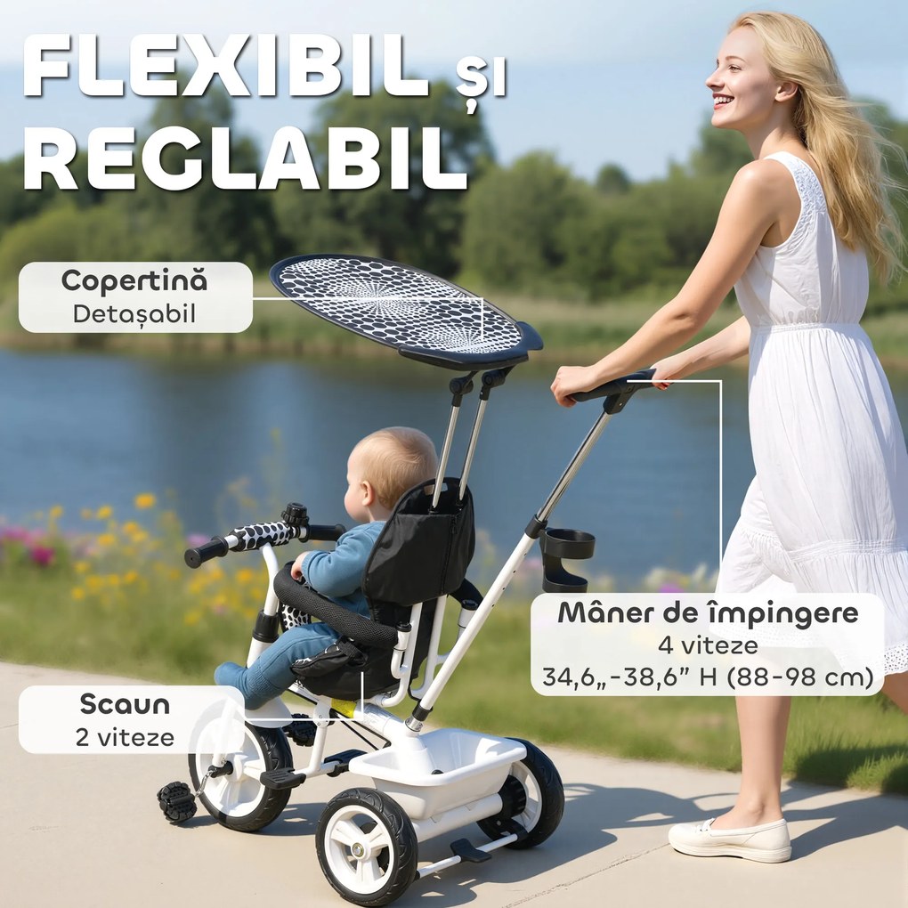 HOMCOM Triciclu pentru Copii cu Mâner de Împingere, Acoperiș Parasolar, Bară de Siguranță și Coș, 105x47x98 cm, Alb | Aosom Romania