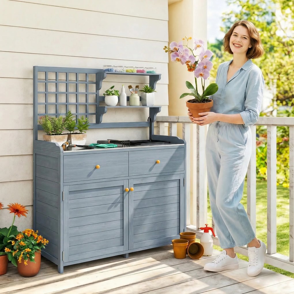 Outsunny Masă de plantat cu dulap inferior pentru exterior, dulap de grădină din lemn cu blat galvanizat, 2 sertare 104x44x140 cm Gri deschis | Aosom Romania